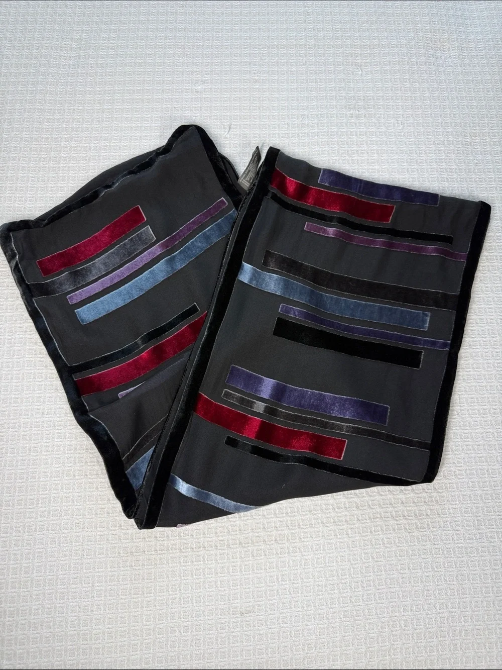 Echo black silk velvet burnout scarf with colorblock stripes - Picture 1 of 5